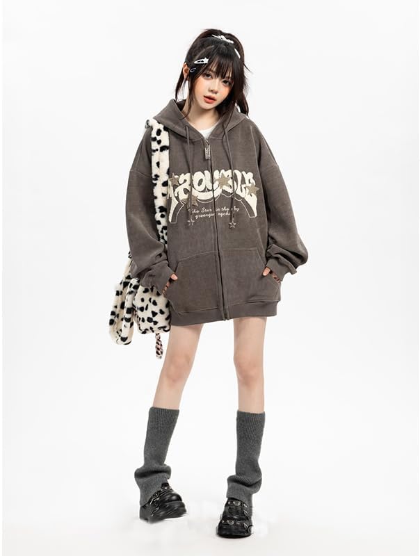 OATSBAS Y2K Zip Up Hoodie for Women Men Letter Print Star Graphic Grunge Hooded Corduroy Sweatshirt Jacket (Medium,Grey)