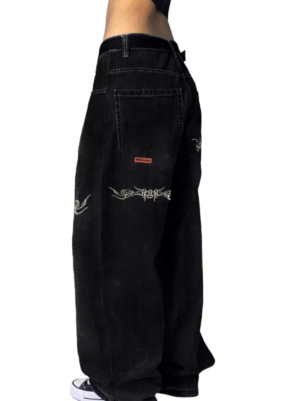 EMMIOL Women Hip Hop Baggy Jeans Wide Leg Mid-Low Waist Jeans Loose Boyfriends Pants 90s Vintage Denim Pants,Back-to-School Outfit