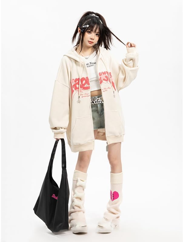 OATSBAS Y2K Zip Up Hoodie for Women Men Letter Print Star Graphic Grunge Hooded Corduroy Sweatshirt Jacket (Medium,Grey)
