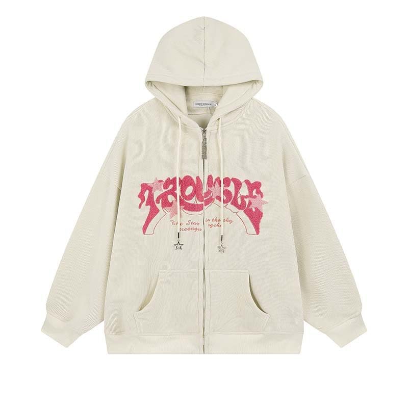 OATSBAS Y2K Zip Up Hoodie for Women Men Letter Print Star Graphic Grunge Hooded Corduroy Sweatshirt Jacket (Medium,Grey)