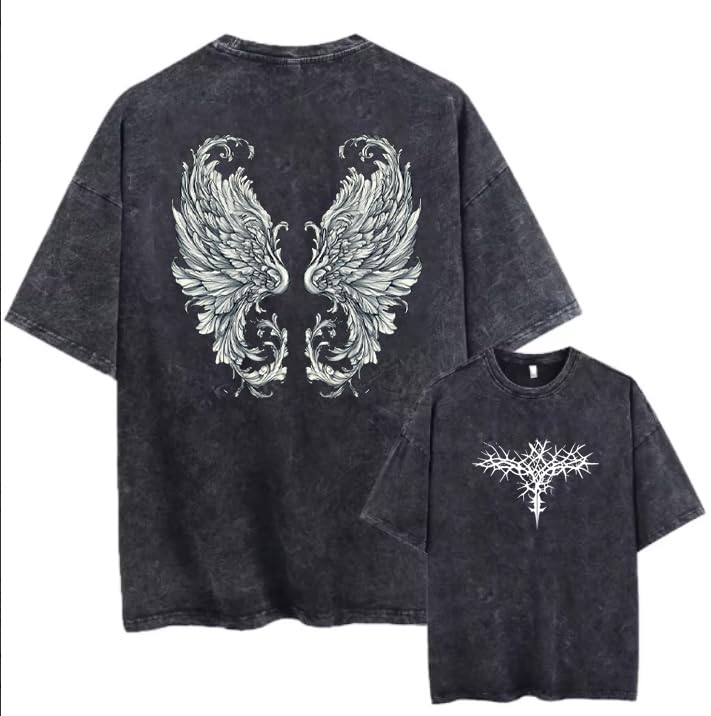 Men's Y2K Acid Wash Gothic Graphic T-Shirts Skull Print Vintage Oversized Washed Tees Grunge Clothes (Black,Medium)