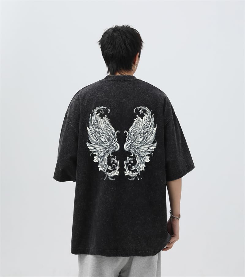 Men's Y2K Acid Wash Gothic Graphic T-Shirts Skull Print Vintage Oversized Washed Tees Grunge Clothes (Black,Medium)