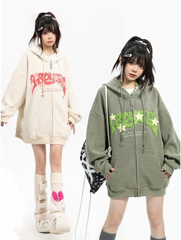 OATSBAS Y2K Zip Up Hoodie for Women Men Letter Print Star Graphic Grunge Hooded Corduroy Sweatshirt Jacket (Medium,Grey)