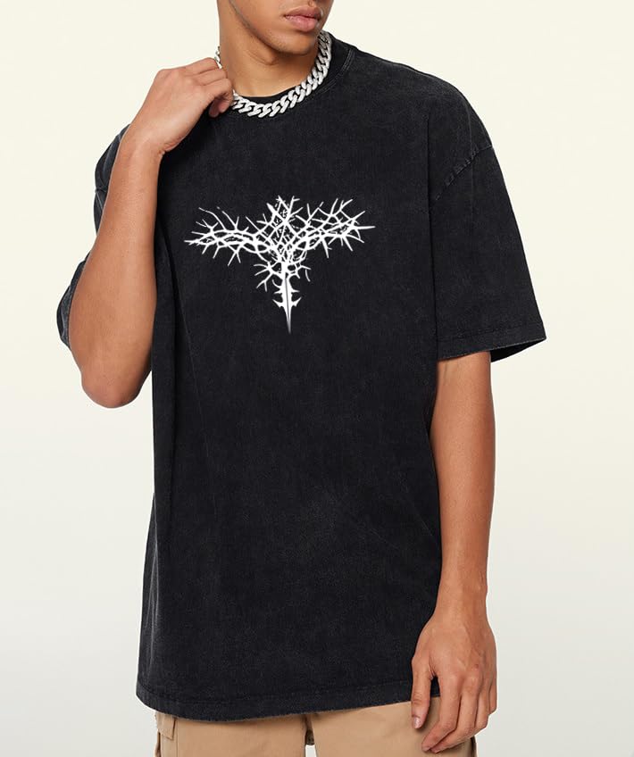 Men's Y2K Acid Wash Gothic Graphic T-Shirts Skull Print Vintage Oversized Washed Tees Grunge Clothes (Black,Medium)