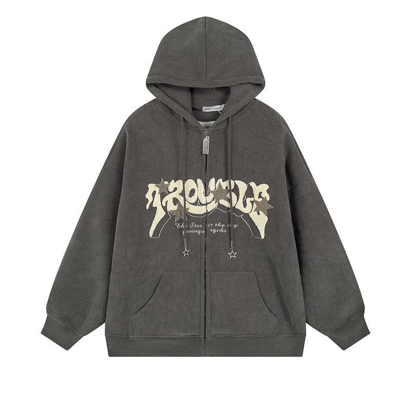OATSBAS Y2K Zip Up Hoodie for Women Men Letter Print Star Graphic Grunge Hooded Corduroy Sweatshirt Jacket (Medium,Grey)
