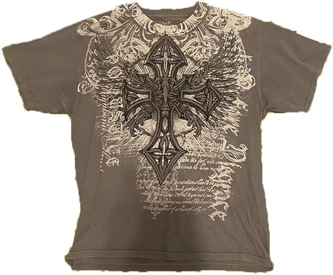 Men's Y2K Vintage T-Shirt Gothic Cross Graphic Print T-Shirt Round Neck Short Sleeve Tops (Medium,Brown)