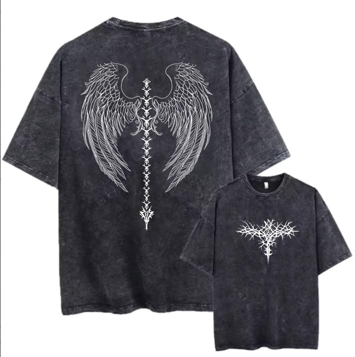 Men's Y2K Acid Wash Gothic Graphic T-Shirts Skull Print Vintage Oversized Washed Tees Grunge Clothes (Black,Medium)