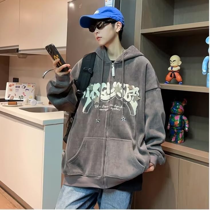 OATSBAS Y2K Zip Up Hoodie for Women Men Letter Print Star Graphic Grunge Hooded Corduroy Sweatshirt Jacket (Medium,Grey)