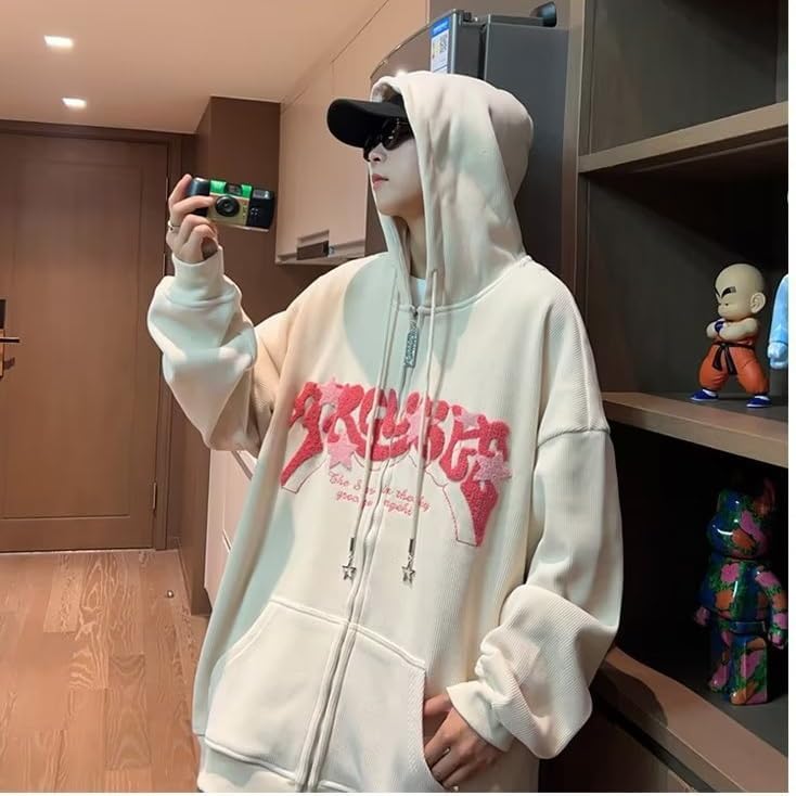 OATSBAS Y2K Zip Up Hoodie for Women Men Letter Print Star Graphic Grunge Hooded Corduroy Sweatshirt Jacket (Medium,Grey)