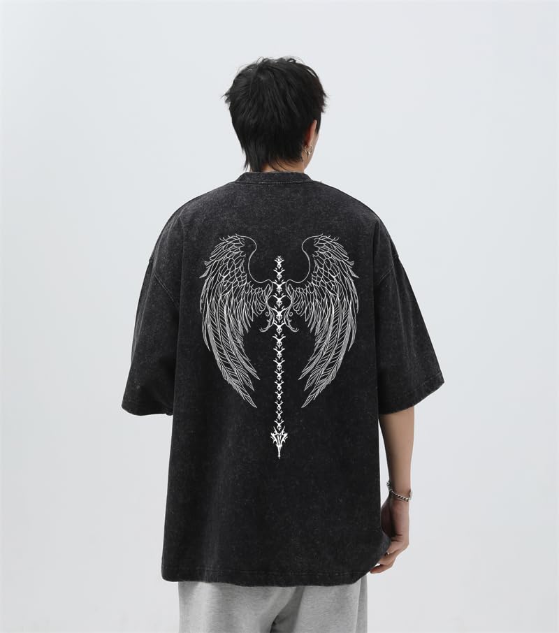 Men's Y2K Acid Wash Gothic Graphic T-Shirts Skull Print Vintage Oversized Washed Tees Grunge Clothes (Black,Medium)