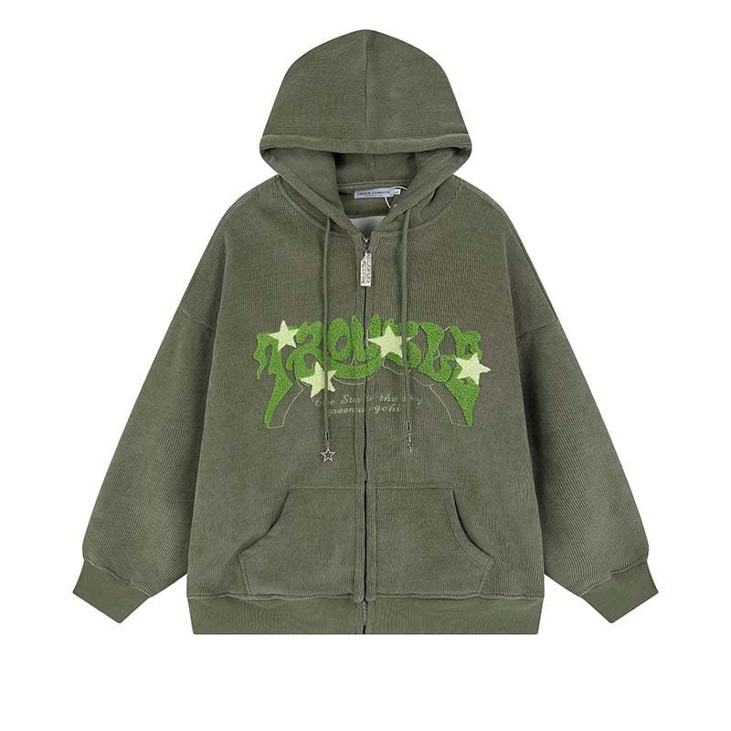 OATSBAS Y2K Zip Up Hoodie for Women Men Letter Print Star Graphic Grunge Hooded Corduroy Sweatshirt Jacket (Medium,Grey)