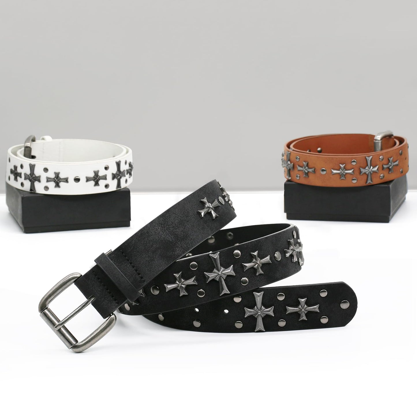 blu&ben Studded Belt for Women Y2K Metal Punk Rock Style Rivet Belts with Cross Rivet for Jeans Pants