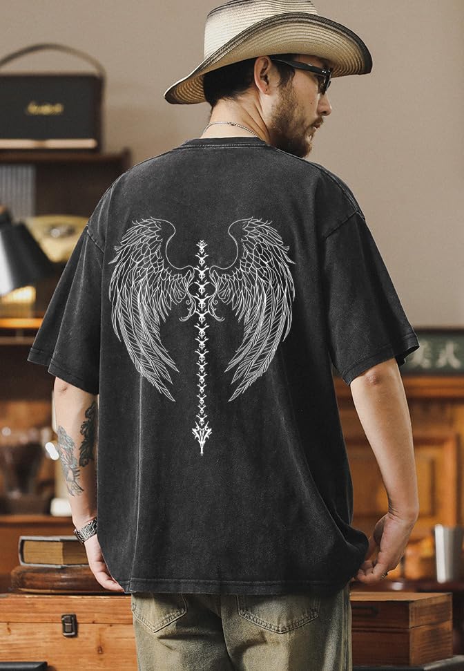 Men's Y2K Acid Wash Gothic Graphic T-Shirts Skull Print Vintage Oversized Washed Tees Grunge Clothes (Black,Medium)