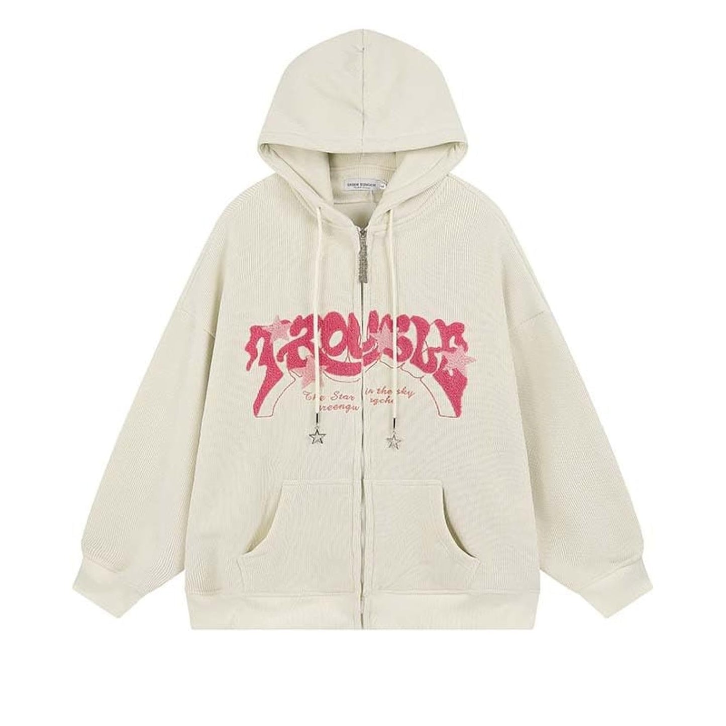 OATSBAS Y2K Zip Up Hoodie for Women Men Letter Print Star Graphic Grunge Hooded Corduroy Sweatshirt Jacket (Medium,Grey)