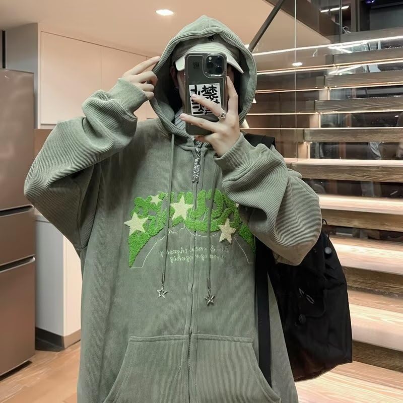 OATSBAS Y2K Zip Up Hoodie for Women Men Letter Print Star Graphic Grunge Hooded Corduroy Sweatshirt Jacket (Large,Beige)