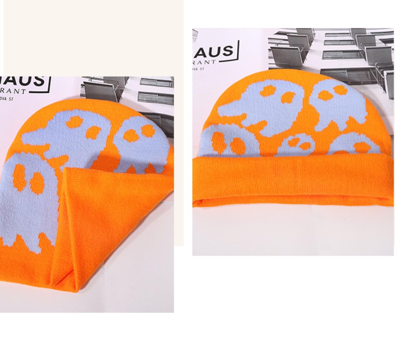 Y2K Beanie for Teenager Halloween Grunge Knitted Skull Cap Ghost Slouchy Emo Crochet Accessories Warm Winter Hat (White)