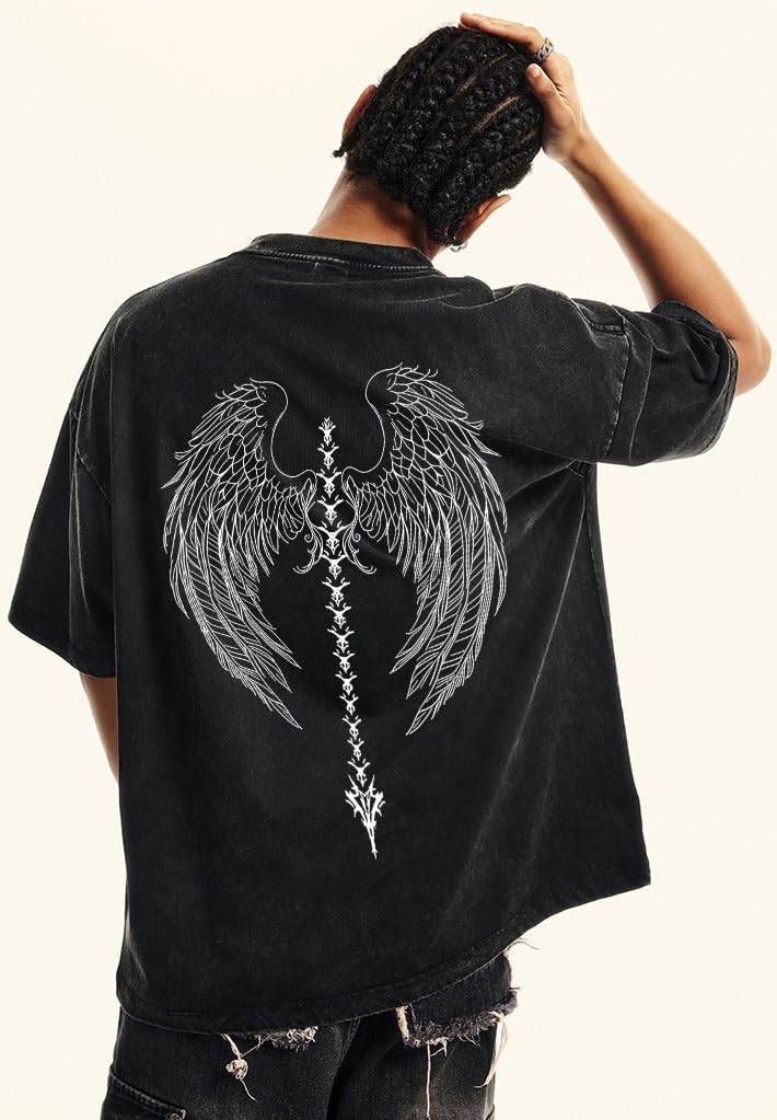 Men's Y2K Acid Wash Gothic Graphic T-Shirts Skull Print Vintage Oversized Washed Tees Grunge Clothes (Black,Medium)