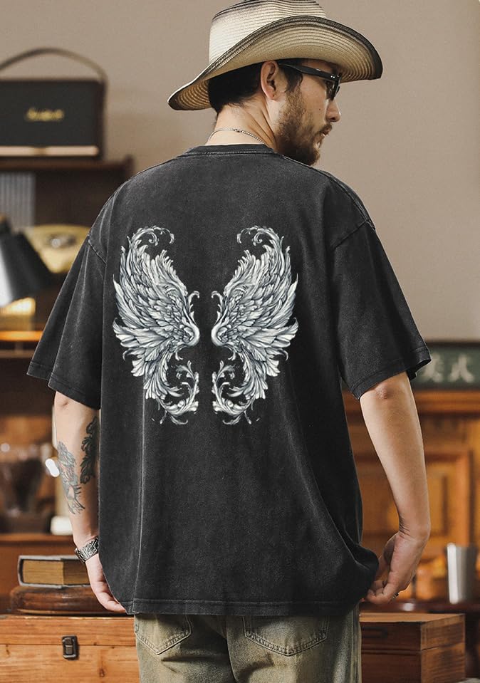 Men's Y2K Acid Wash Gothic Graphic T-Shirts Skull Print Vintage Oversized Washed Tees Grunge Clothes (Black,Medium)