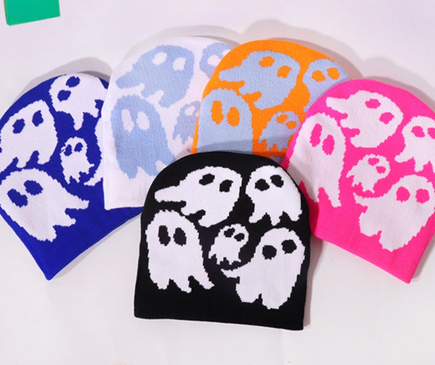Y2K Beanie for Teenager Halloween Grunge Knitted Skull Cap Ghost Slouchy Emo Crochet Accessories Warm Winter Hat (White)