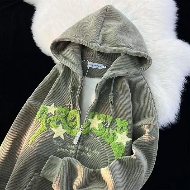 OATSBAS Y2K Zip Up Hoodie for Women Men Letter Print Star Graphic Grunge Hooded Corduroy Sweatshirt Jacket (Medium,Grey)