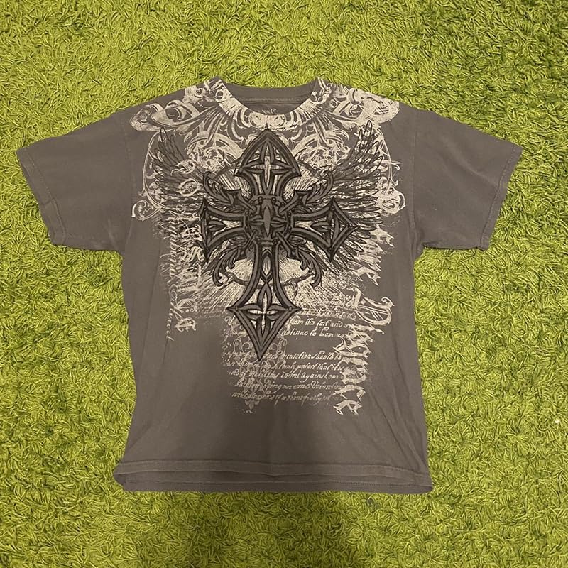 Men's Y2K Vintage T-Shirt Gothic Cross Graphic Print T-Shirt Round Neck Short Sleeve Tops (Medium,Brown)