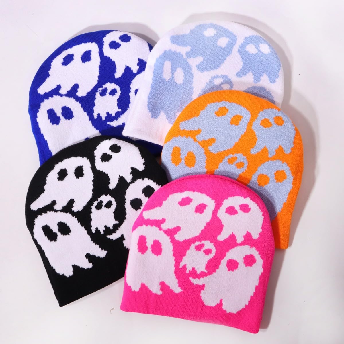 Y2K Beanie for Teenager Halloween Grunge Knitted Skull Cap Ghost Slouchy Emo Crochet Accessories Warm Winter Hat (White)