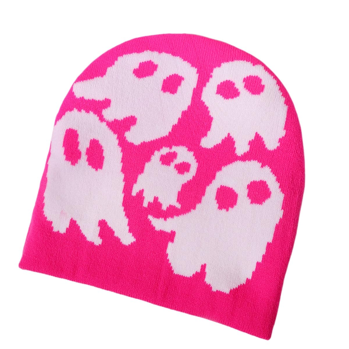 Y2K Beanie for Teenager Halloween Grunge Knitted Skull Cap Ghost Slouchy Emo Crochet Accessories Warm Winter Hat (White)