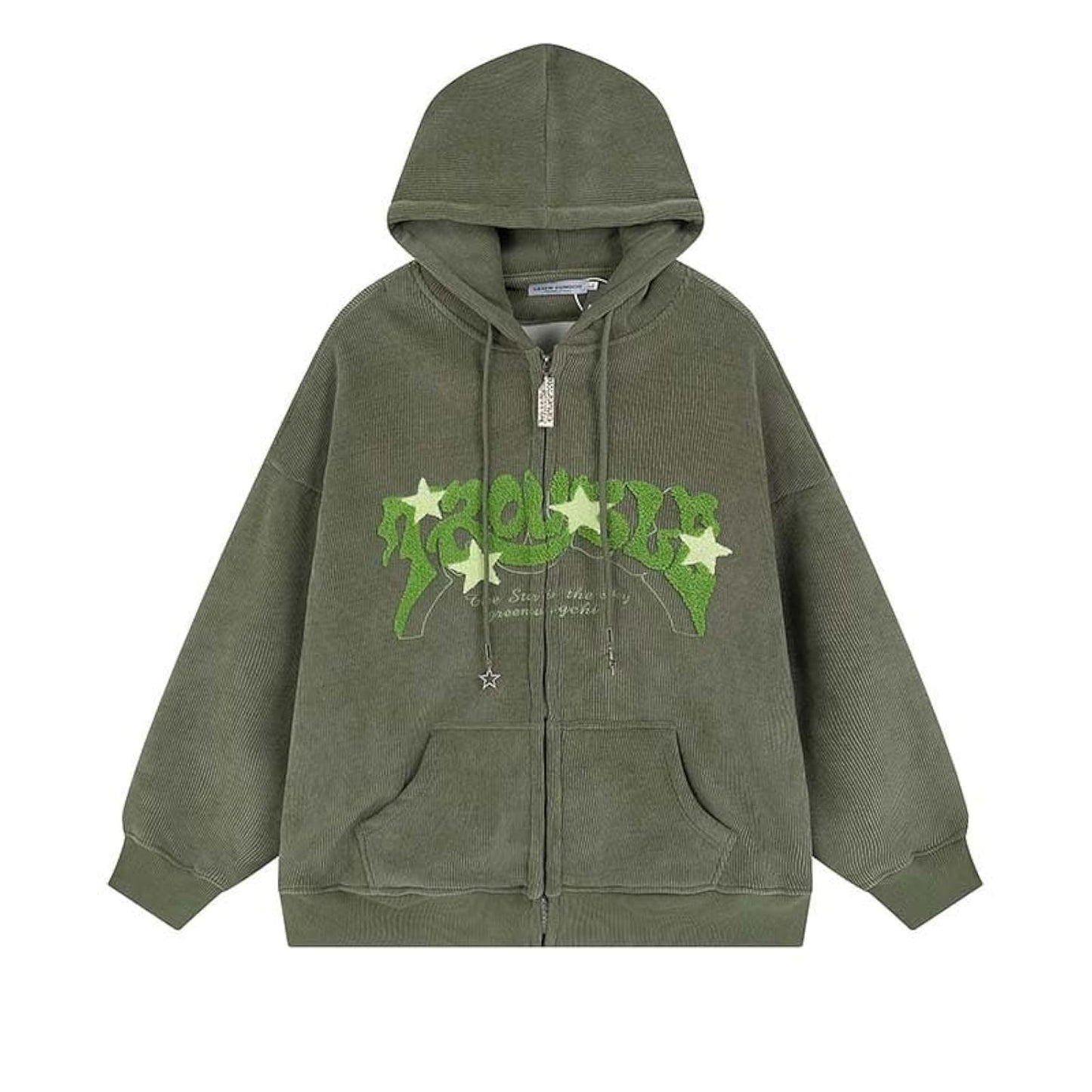 OATSBAS Y2K Zip Up Hoodie for Women Men Letter Print Star Graphic Grunge Hooded Corduroy Sweatshirt Jacket (Medium,Grey)