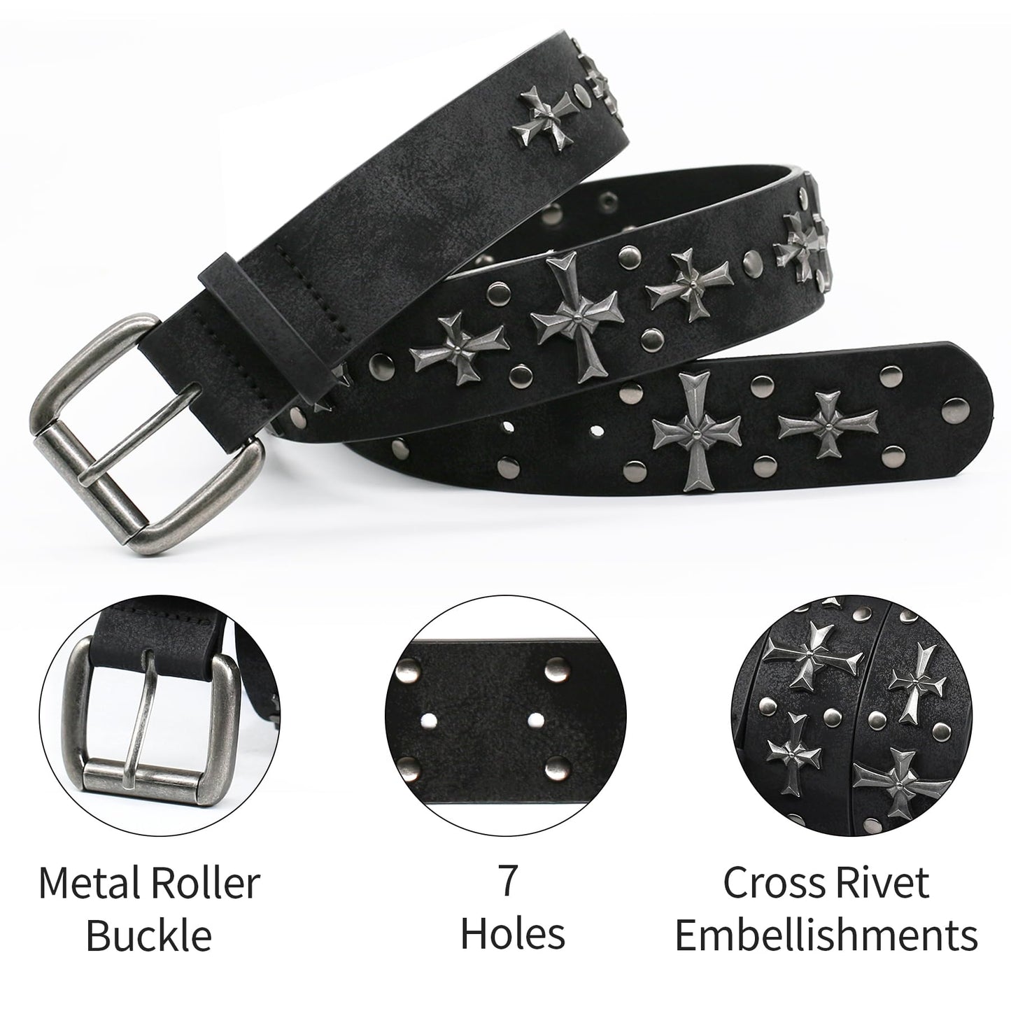 blu&ben Studded Belt for Women Y2K Metal Punk Rock Style Rivet Belts with Cross Rivet for Jeans Pants