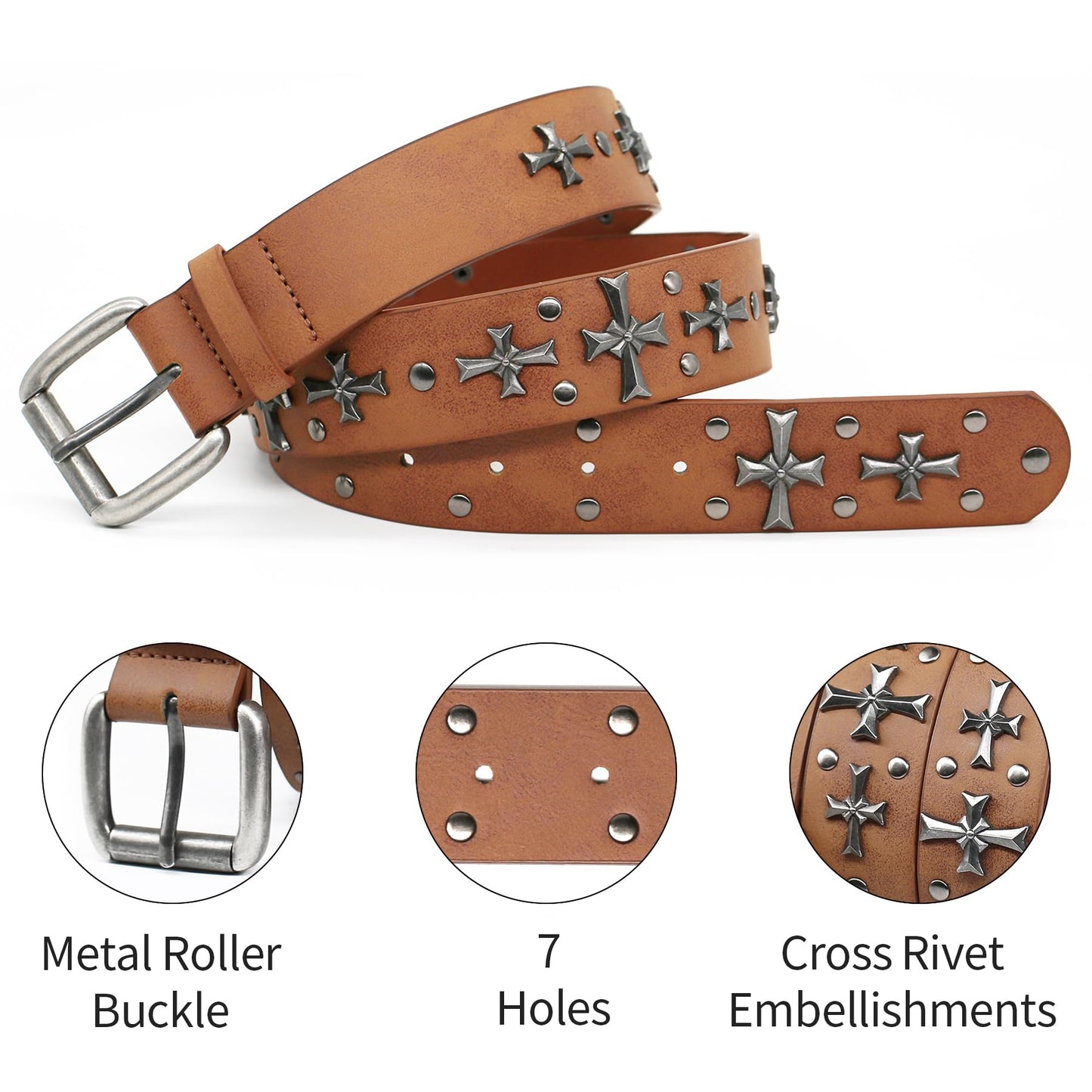 blu&ben Studded Belt for Women Y2K Metal Punk Rock Style Rivet Belts with Cross Rivet for Jeans Pants