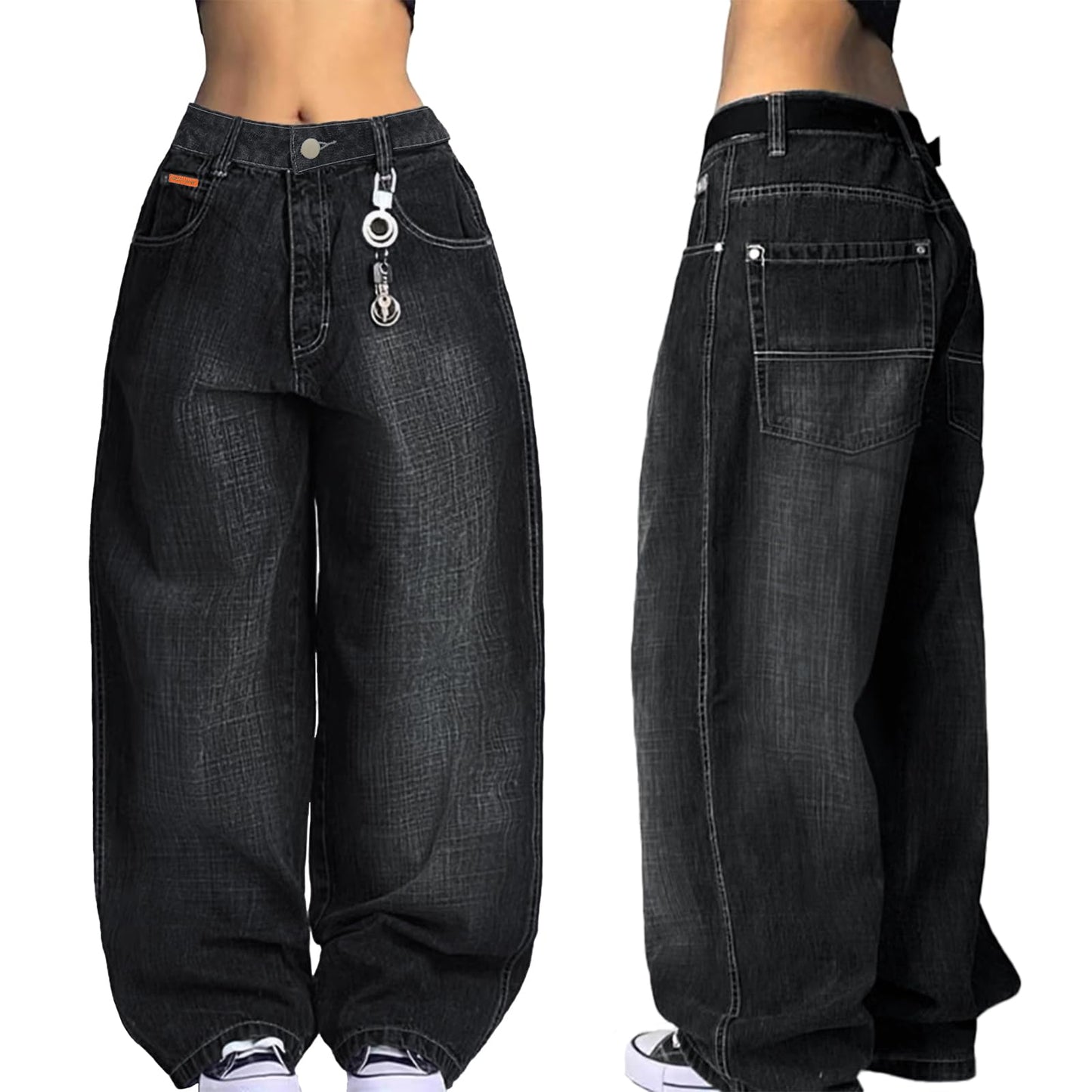 EMMIOL Women Hip Hop Baggy Jeans Wide Leg Mid-Low Waist Jeans Loose Boyfriends Pants 90s Vintage Denim Pants,Back-to-School Outfit