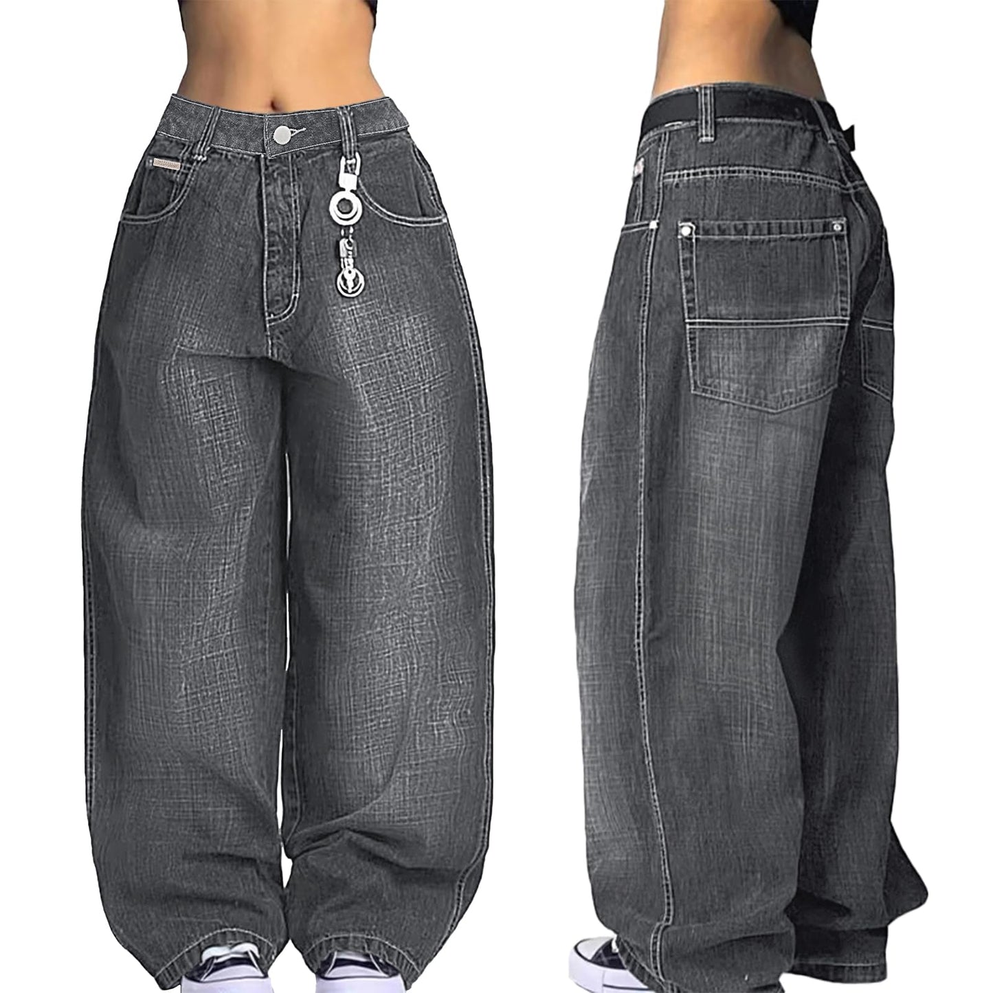 EMMIOL Women Hip Hop Baggy Jeans Wide Leg Mid-Low Waist Jeans Loose Boyfriends Pants 90s Vintage Denim Pants,Back-to-School Outfit