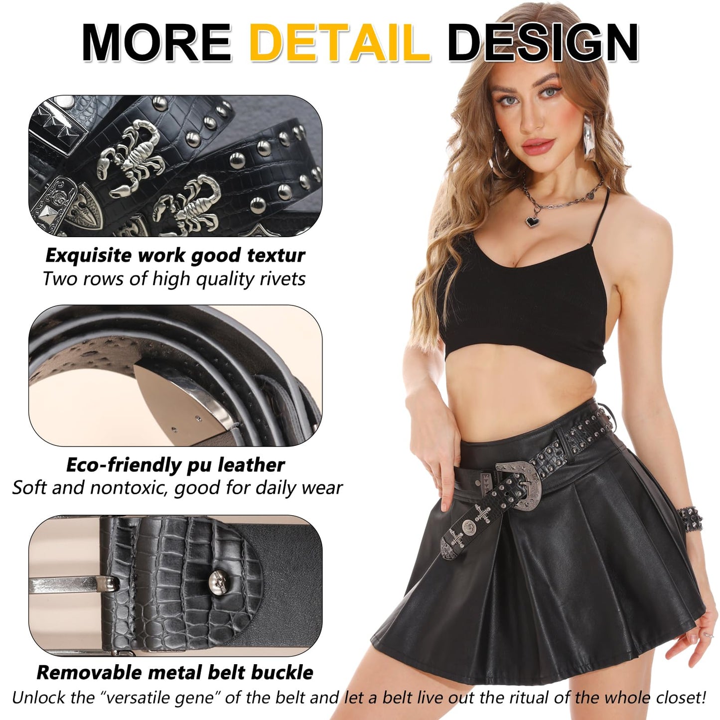 EVERBLTING Black Western Cowboy Belt for Men Women Western Cowboy Cowgirl Y2k Studded Belt Western Punk Studded Belts 115