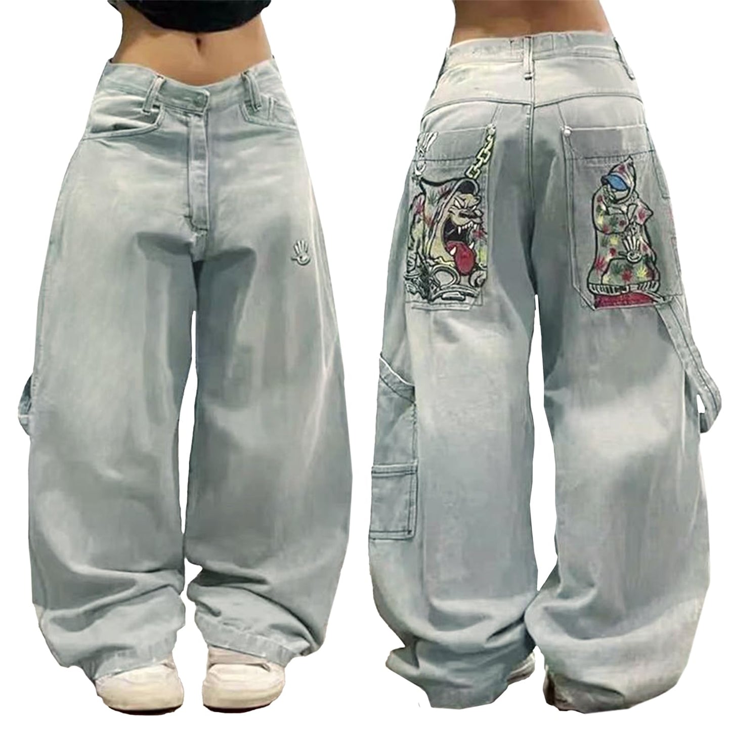 EMMIOL Women Hip Hop Baggy Jeans Wide Leg Mid-Low Waist Jeans Loose Boyfriends Pants 90s Vintage Denim Pants,Back-to-School Outfit