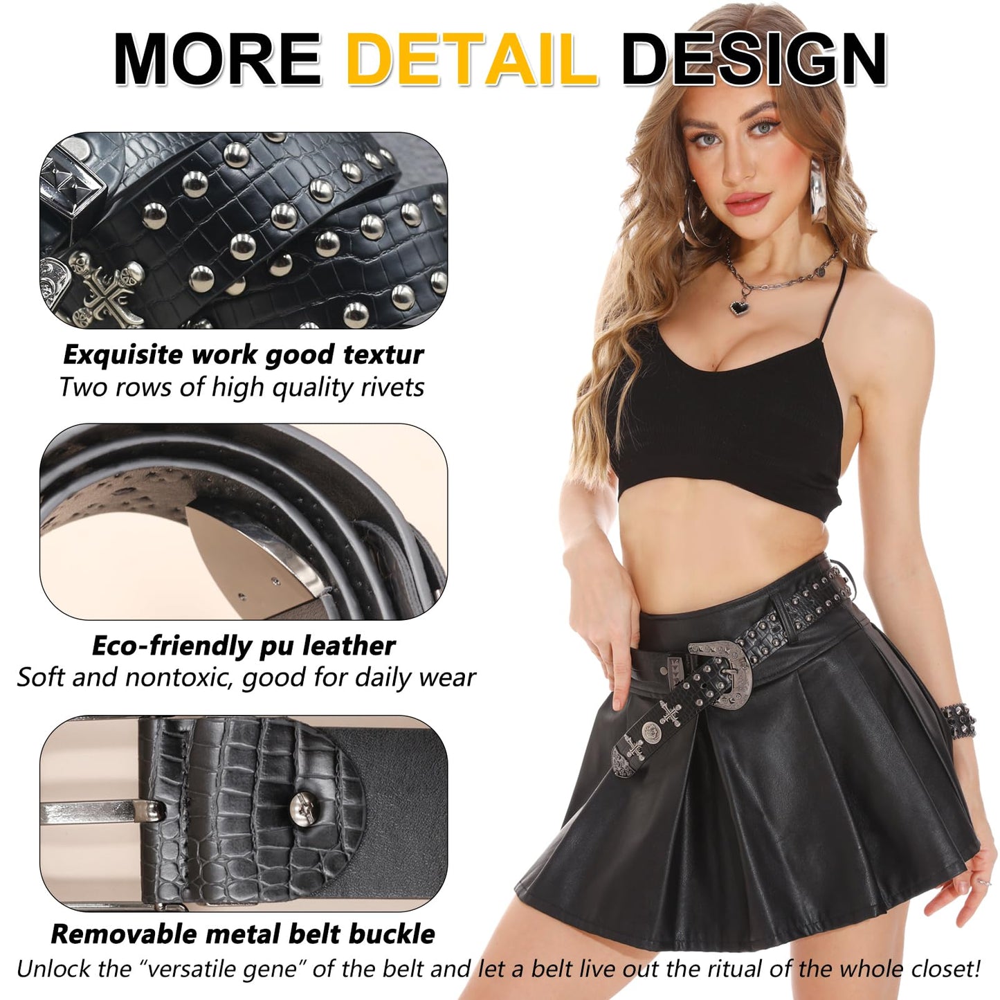 EVERBLTING Black Western Cowboy Belt for Men Women Western Cowboy Cowgirl Y2k Studded Belt Western Punk Studded Belts 115