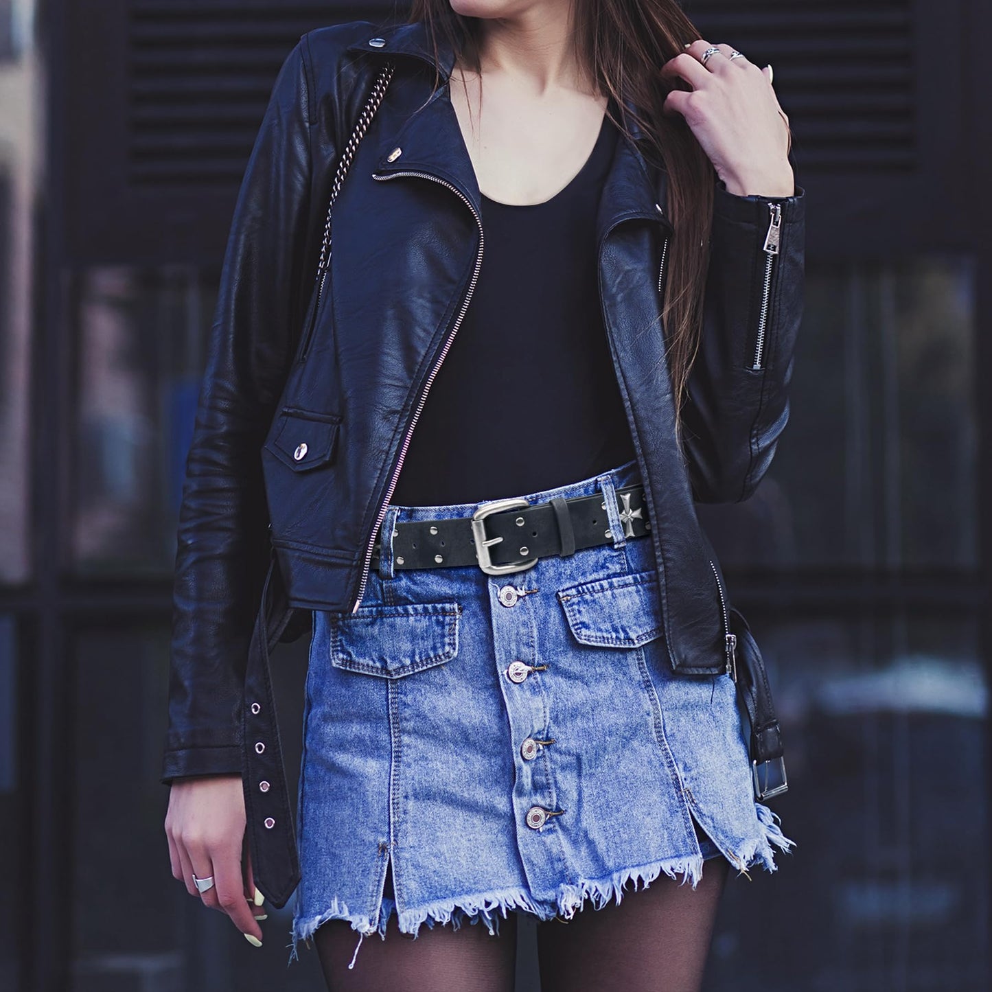 blu&ben Studded Belt for Women Y2K Metal Punk Rock Style Rivet Belts with Cross Rivet for Jeans Pants