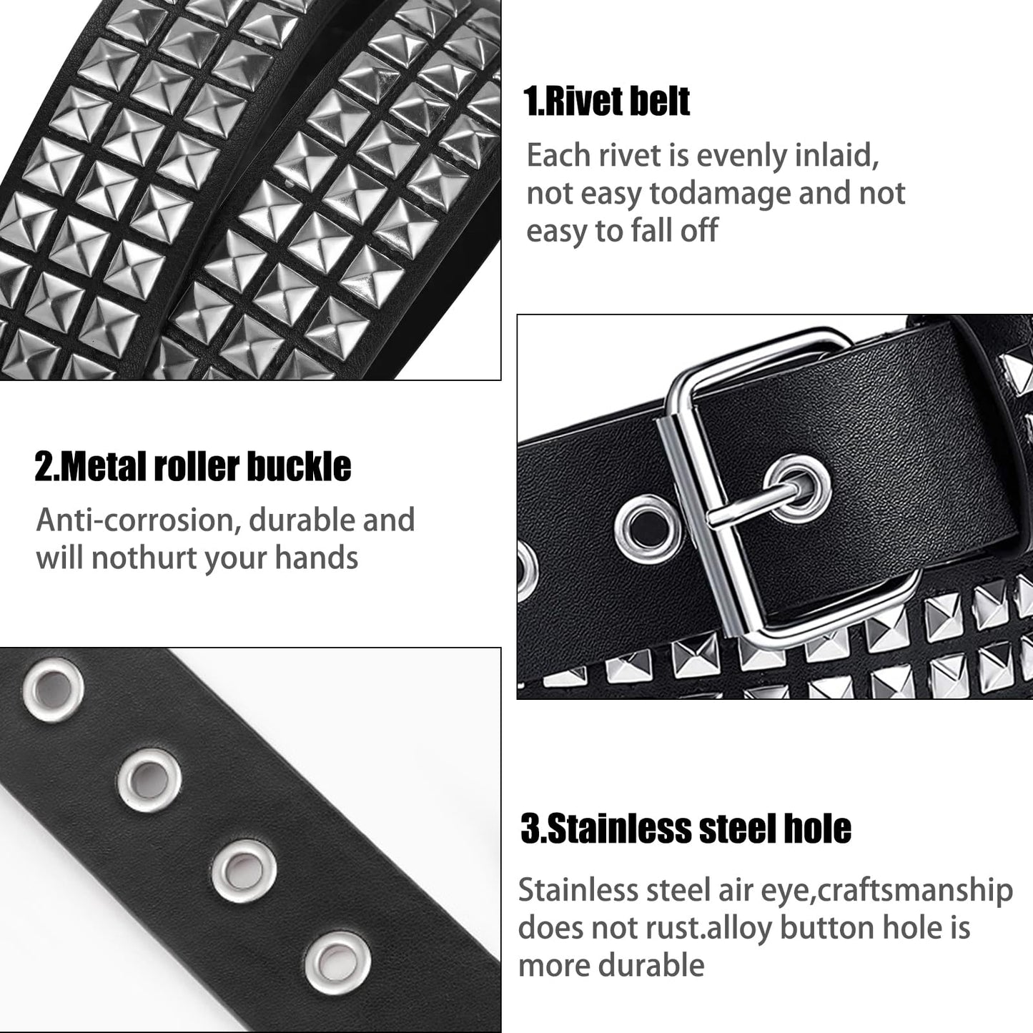 AEXHOT Black Studded Belt Y2K Belt 3 PCS Cool Belts Gothic Punk Rock Belt with Grommet Threads Bright Metal Pyramid for Women Men