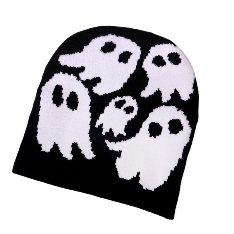 Y2K Beanie for Teenager Halloween Grunge Knitted Skull Cap Ghost Slouchy Emo Crochet Accessories Warm Winter Hat (White)