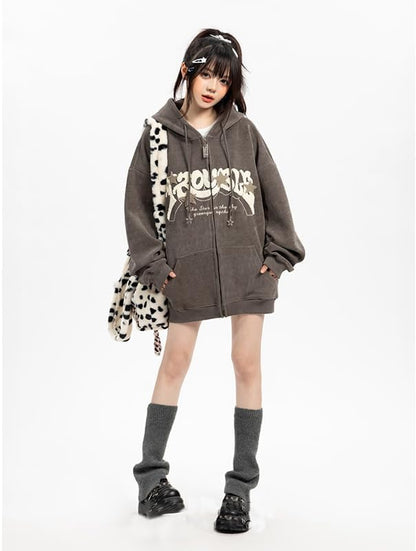 OATSBAS Y2K Zip Up Hoodie for Women Men Letter Print Star Graphic Grunge Hooded Corduroy Sweatshirt Jacket (Medium,Grey)