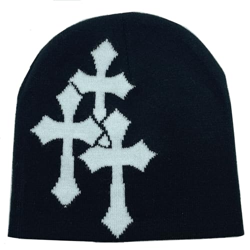 Y2K Knitted Beanies Hat Cross Graphics Men Women Jacquard Hat Punk Solid Color Hat Outdoor Sports Trend Beanie (Black-White,one Size,One Size)