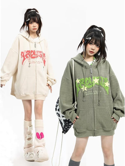 OATSBAS Y2K Zip Up Hoodie for Women Men Letter Print Star Graphic Grunge Hooded Corduroy Sweatshirt Jacket (Medium,Grey)