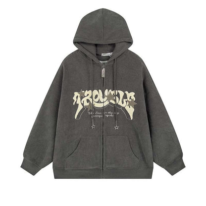 OATSBAS Y2K Zip Up Hoodie for Women Men Letter Print Star Graphic Grunge Hooded Corduroy Sweatshirt Jacket (Medium,Grey)