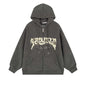 OATSBAS Y2K Zip Up Hoodie for Women Men Letter Print Star Graphic Grunge Hooded Corduroy Sweatshirt Jacket (Medium,Grey)