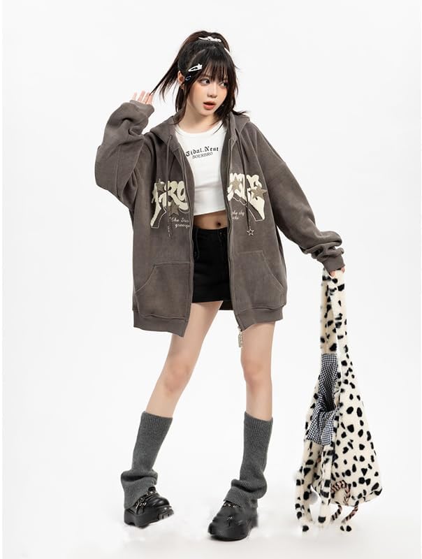 OATSBAS Y2K Zip Up Hoodie for Women Men Letter Print Star Graphic Grunge Hooded Corduroy Sweatshirt Jacket (Large,Beige)