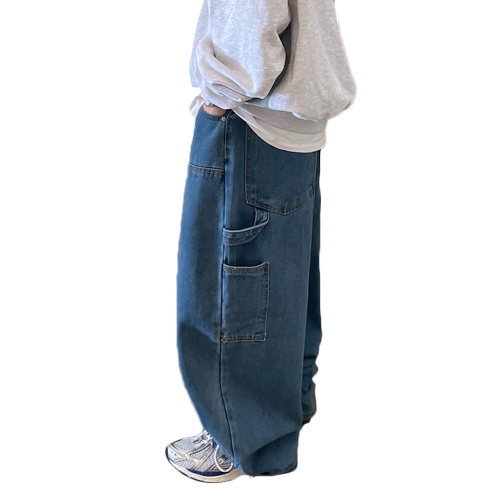 Nutriangee Men's Baggy Wide Leg Jeans Streetwear Y2K Hip Hop Loose Fit Casual Denim Pants Blue 32