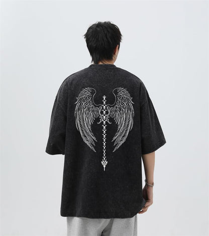 Men's Y2K Acid Wash Gothic Graphic T-Shirts Skull Print Vintage Oversized Washed Tees Grunge Clothes (Black,Medium)
