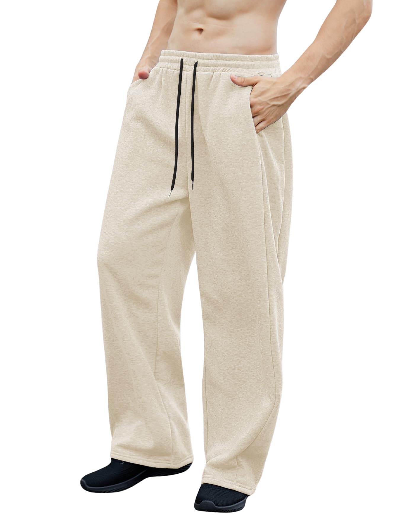 OYOANGLE Men's Drawstring Waist Straight Wide Leg Baggy Pants Workout Athletic Sweatpants with Pocket Grey L