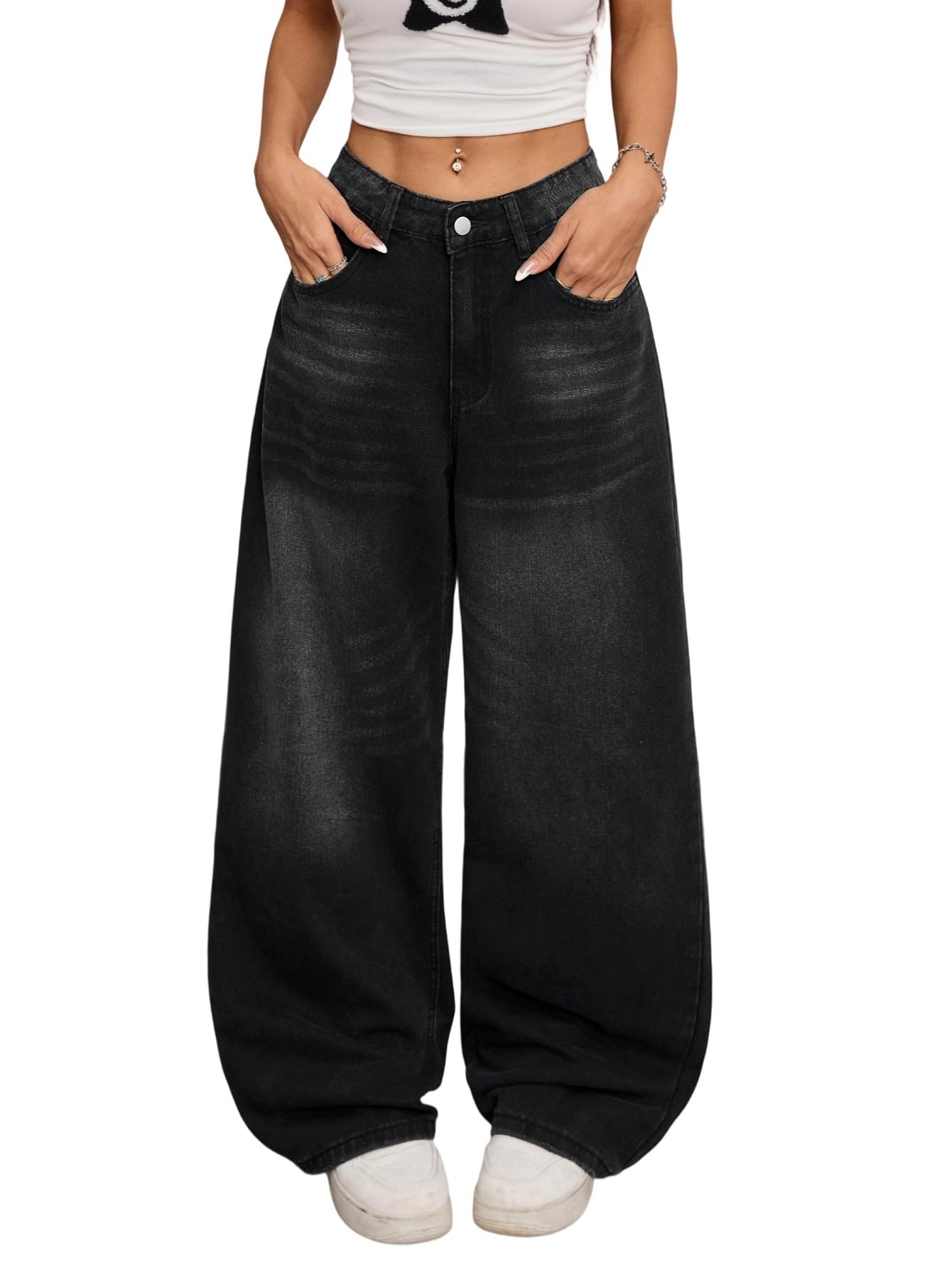 OYICAI Womens Baggy Jeans Wide Leg Denim Pants Y2k 90s Vintage Hip Hop Loose Long Trousers Streetwear High Waist Retro Casual 2000s Oversized Extreme Motion Jinco Skater,H28 Black,Large