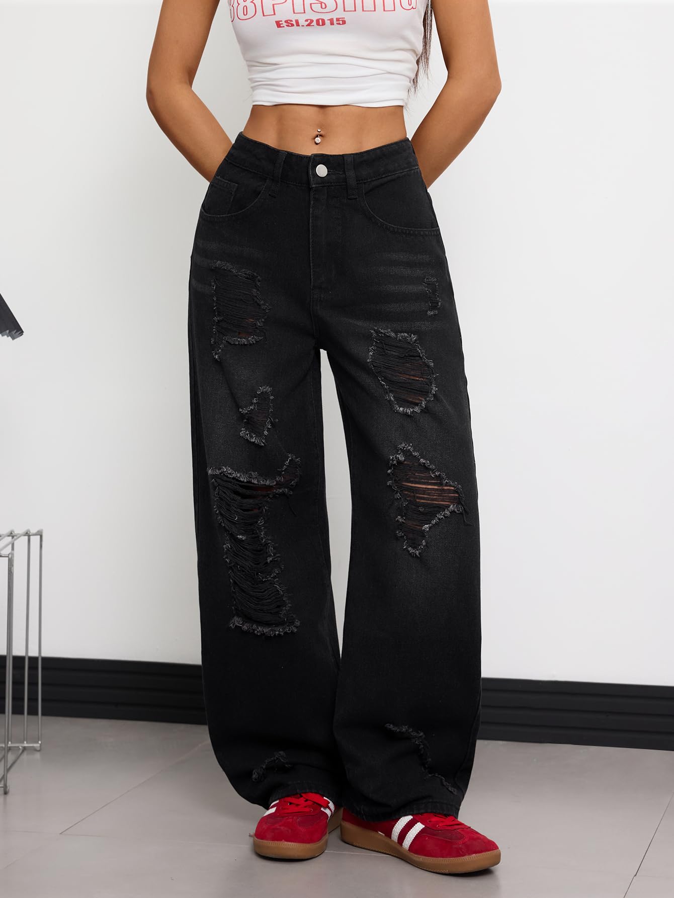 OYICAI Womens Baggy Jeans Wide Leg Denim Pants Y2k 90s Vintage Hip Hop Loose Long Trousers Streetwear High Waist Retro Casual 2000s Oversized Extreme Motion Jinco Skater,H28 Black,Large