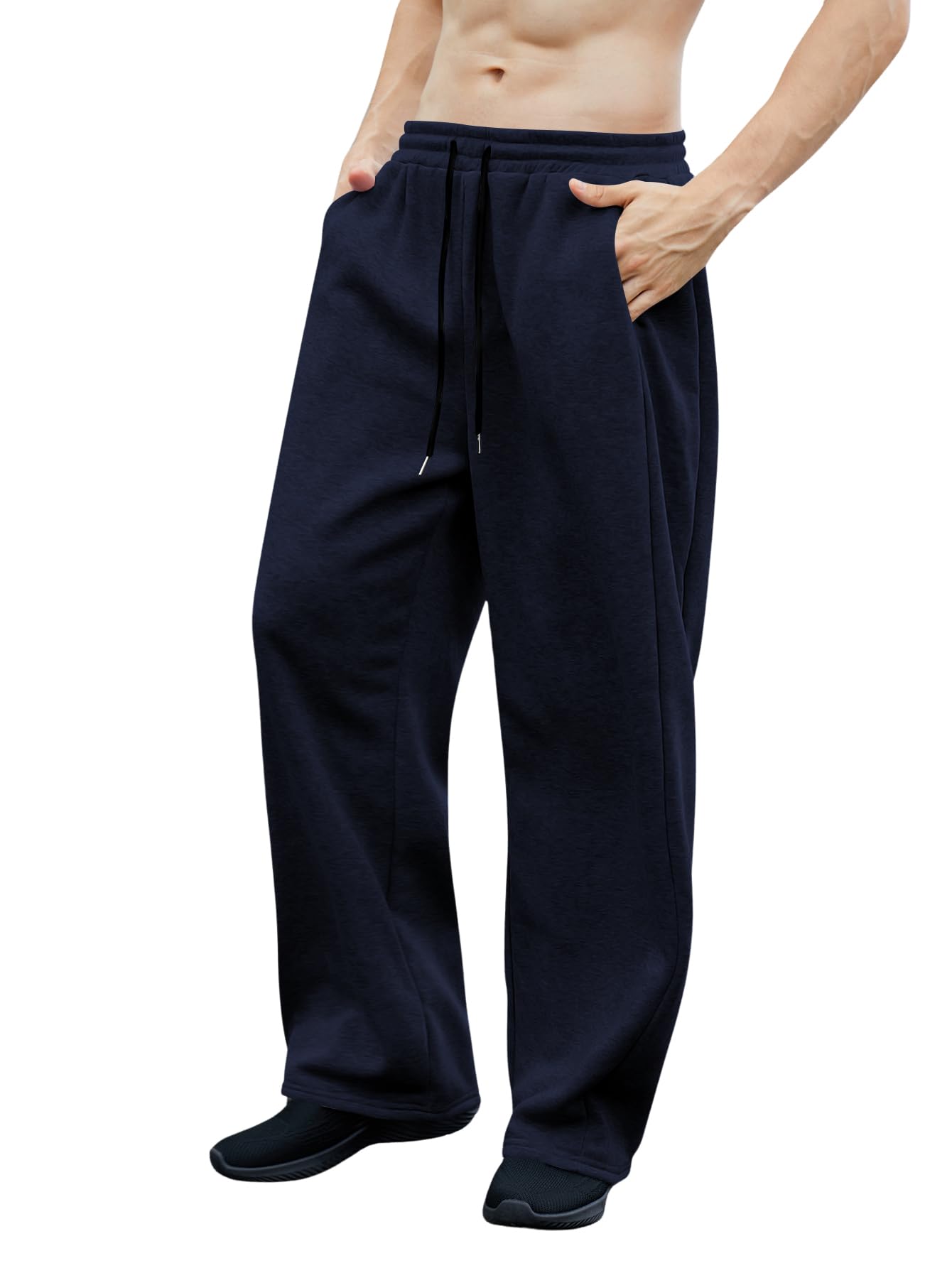 OYOANGLE Men's Drawstring Waist Straight Wide Leg Baggy Pants Workout Athletic Sweatpants with Pocket Grey L